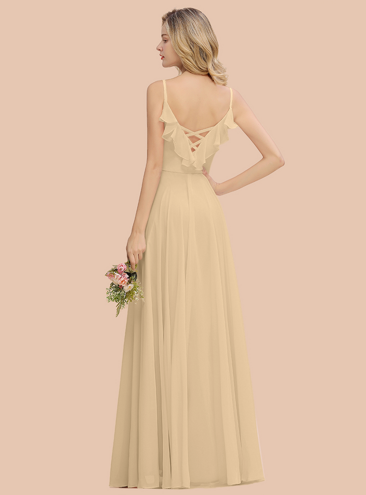 A-line V-Neck Pleated Chiffon Floor-Length Dress Blushing Pink-koscy