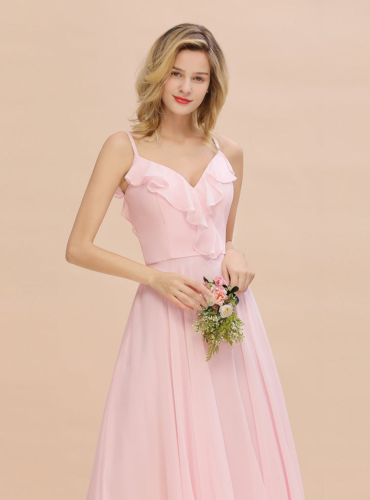 A-line V-Neck Pleated Chiffon Floor-Length Dress Blushing Pink-koscy