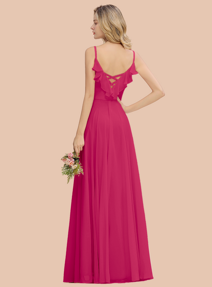 A-line V-Neck Pleated Chiffon Floor-Length Dress Blushing Pink-koscy