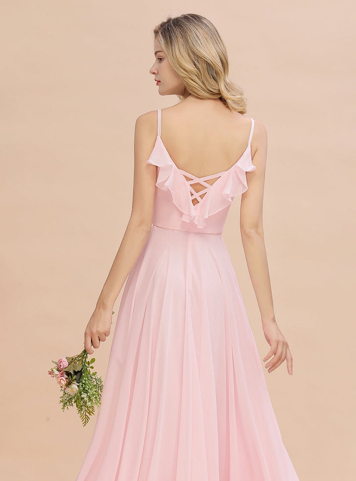 A-line V-Neck Pleated Chiffon Floor-Length Dress Blushing Pink-koscy