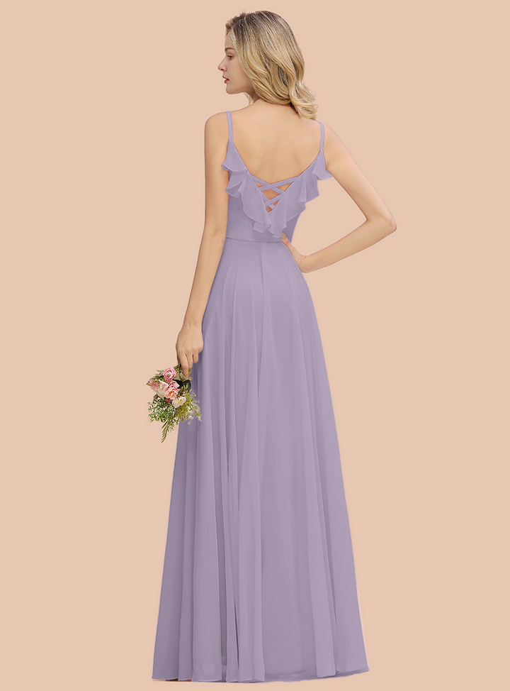 A-line V-Neck Pleated Chiffon Floor-Length Dress Blushing Pink-koscy