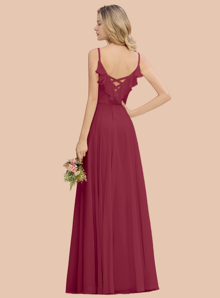 A-line V-Neck Pleated Chiffon Floor-Length Dress Blushing Pink-koscy