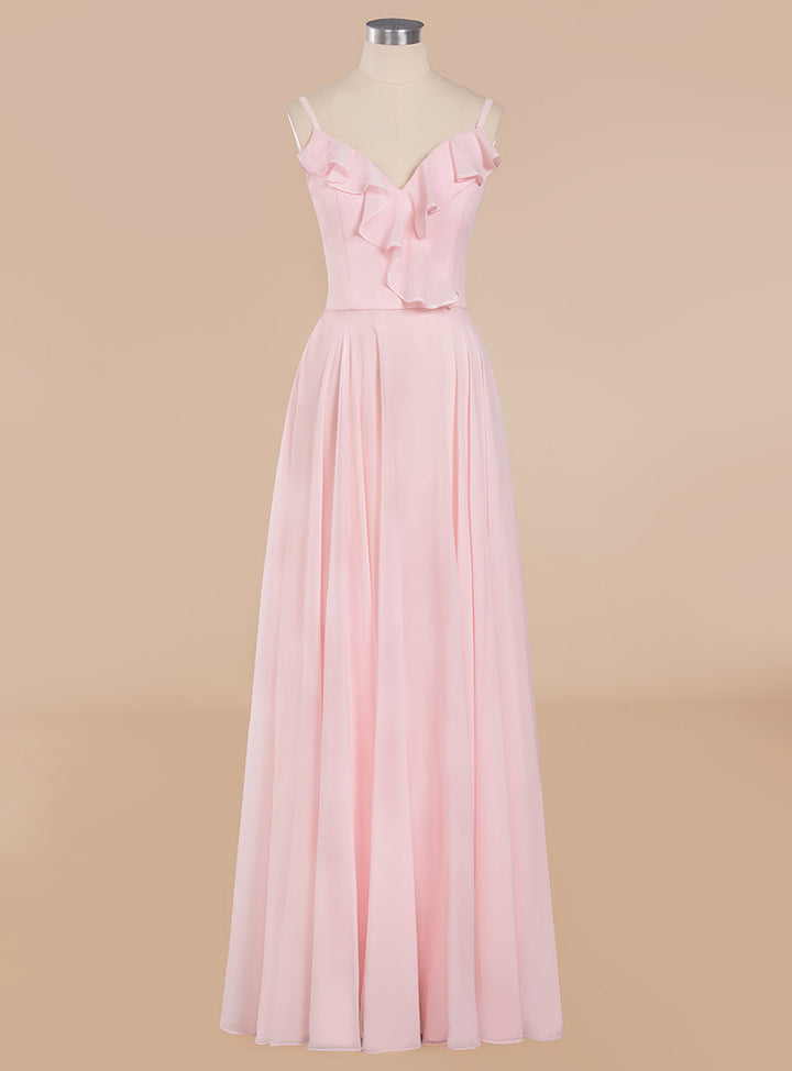 A-line V-Neck Pleated Chiffon Floor-Length Dress Blushing Pink-koscy