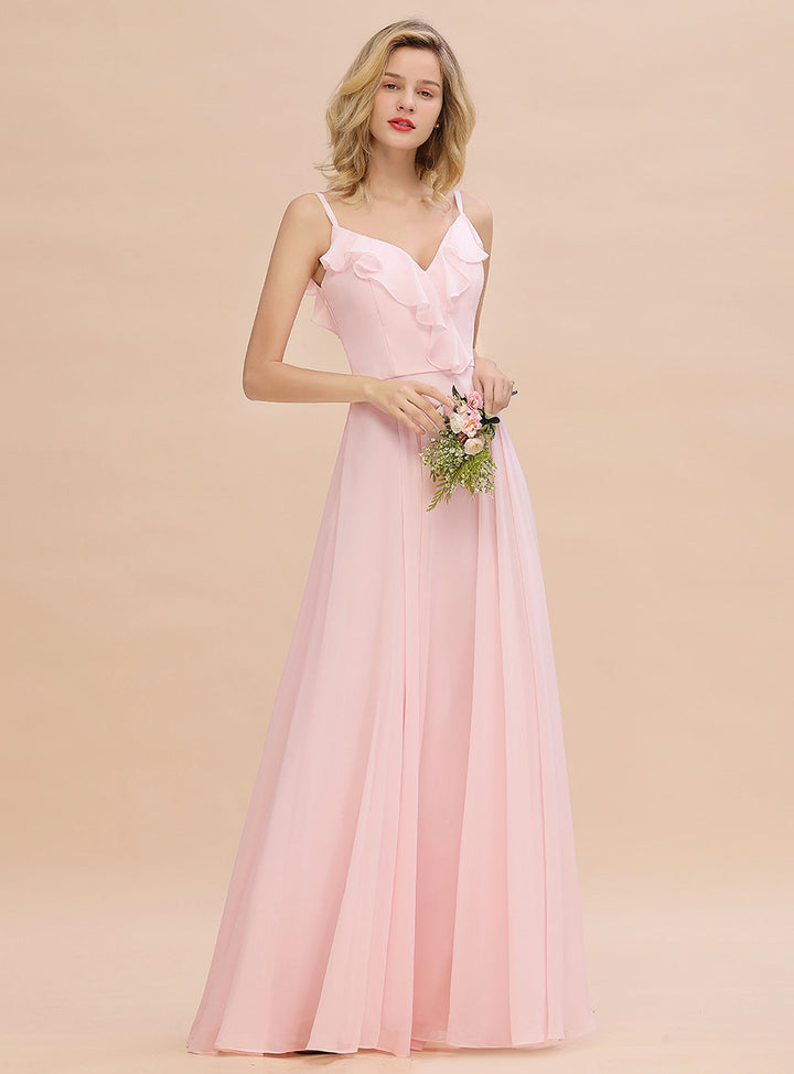 A-line V-Neck Pleated Chiffon Floor-Length Dress Blushing Pink-koscy