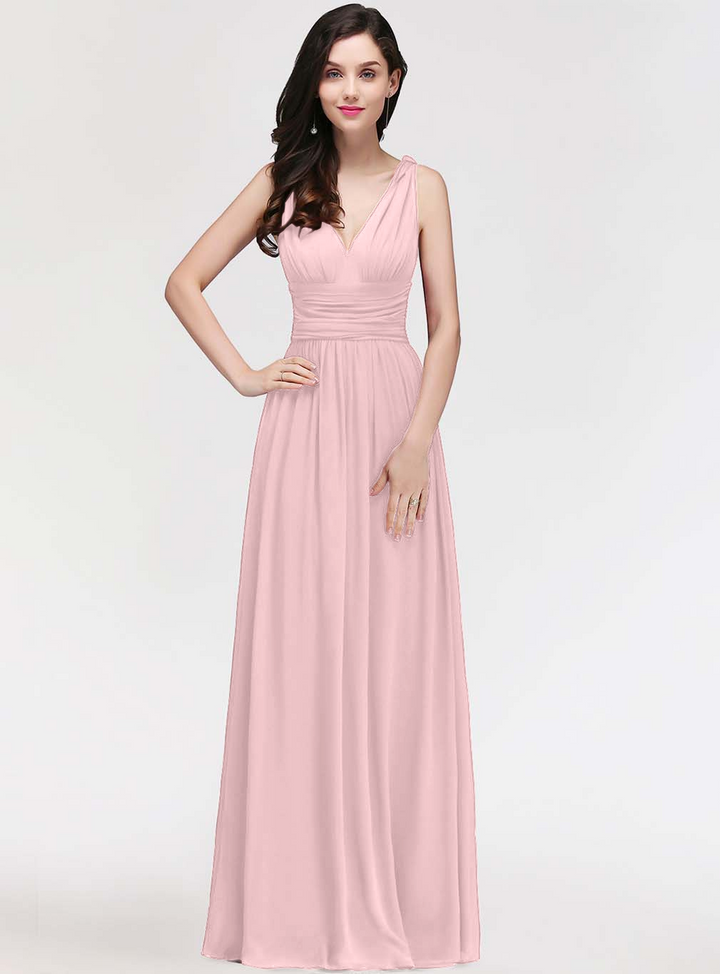 A-line V-Neck Pleated Chiffon Floor-Length Dress Burgundy-koscy