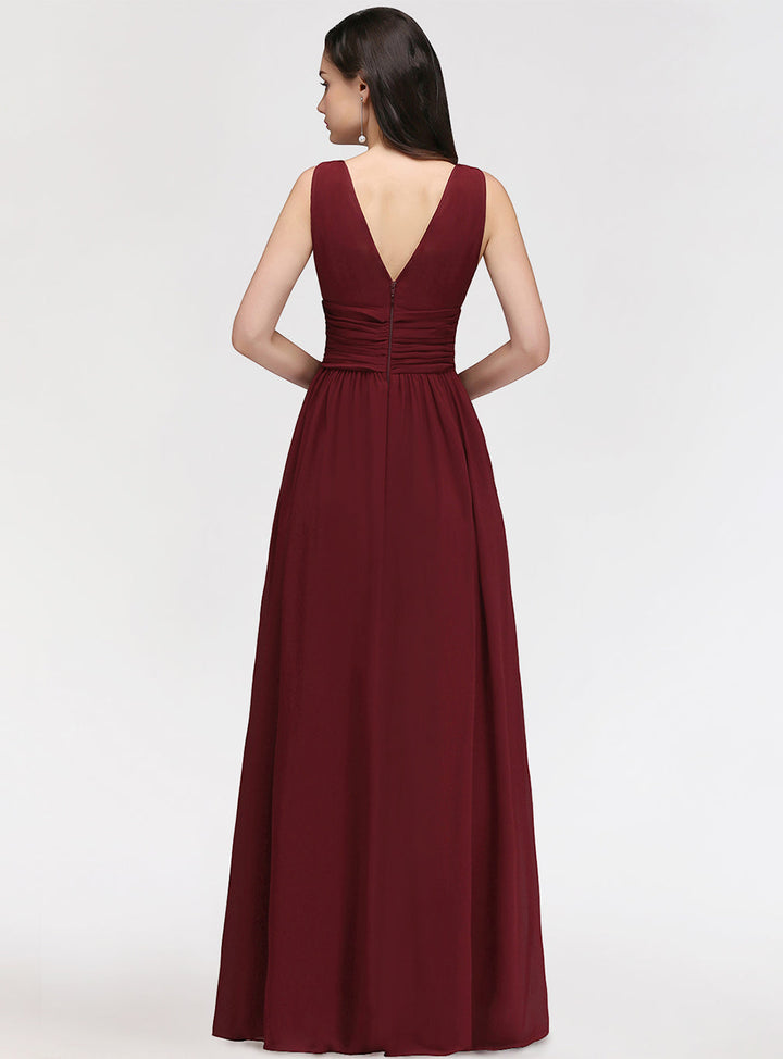 A-line V-Neck Pleated Chiffon Floor-Length Dress Burgundy-koscy