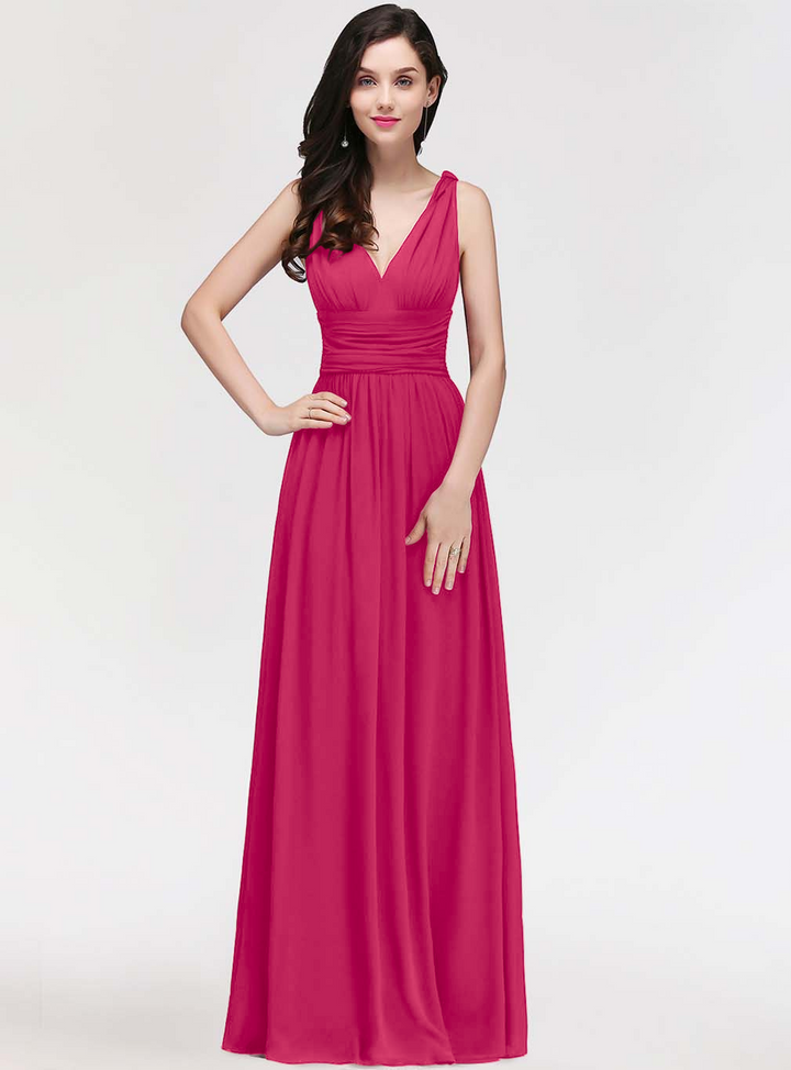 A-line V-Neck Pleated Chiffon Floor-Length Dress Burgundy-koscy