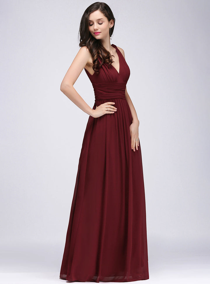 A-line V-Neck Pleated Chiffon Floor-Length Dress Burgundy-koscy