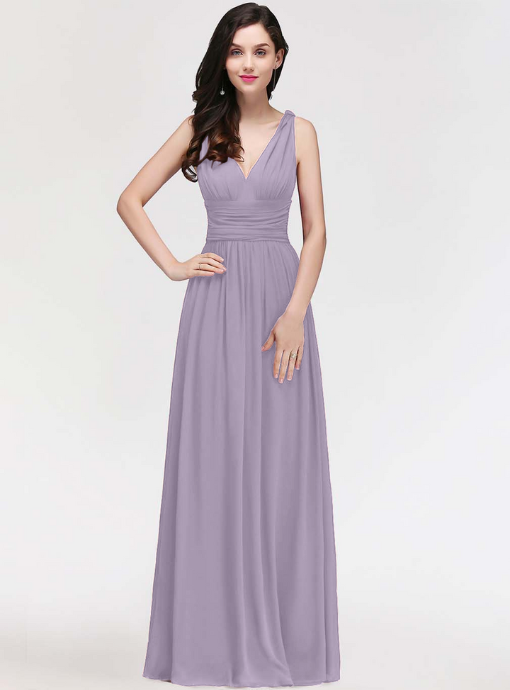 A-line V-Neck Pleated Chiffon Floor-Length Dress Burgundy-koscy