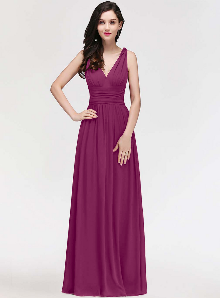 A-line V-Neck Pleated Chiffon Floor-Length Dress Burgundy-koscy