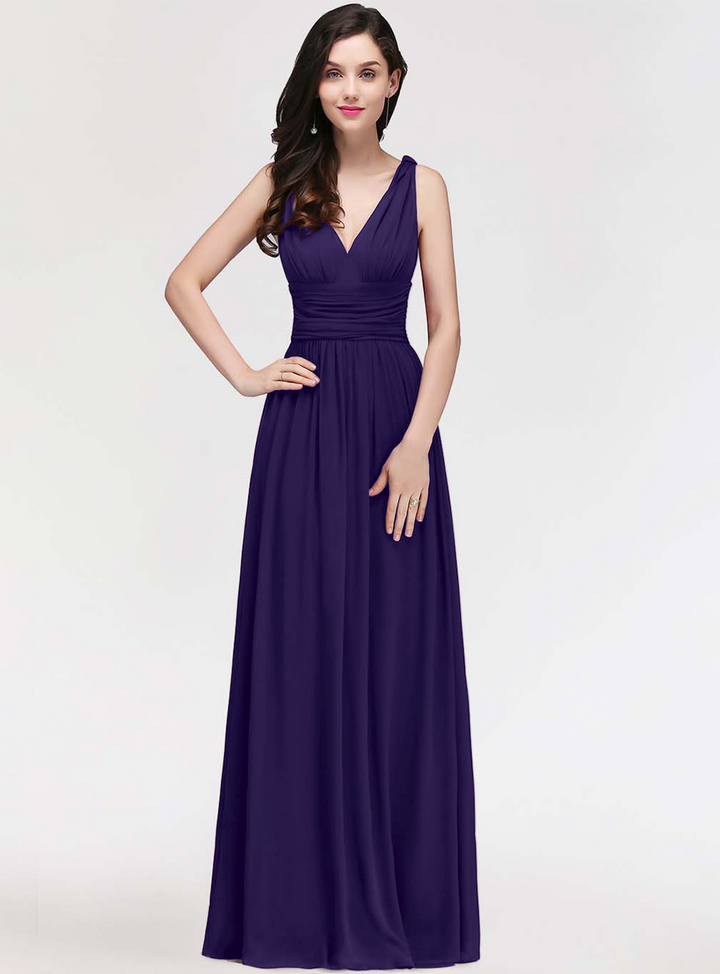 A-line V-Neck Pleated Chiffon Floor-Length Dress Burgundy-koscy