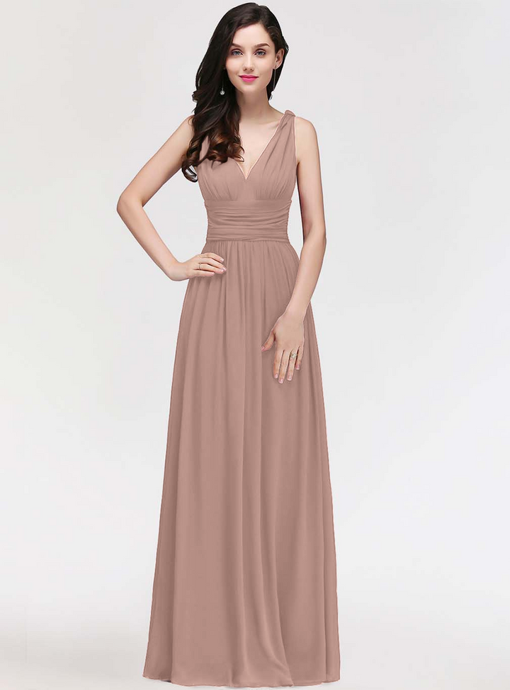 A-line V-Neck Pleated Chiffon Floor-Length Dress Burgundy-koscy