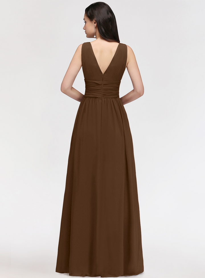 A-line V-Neck Pleated Chiffon Floor-Length Dress Burgundy-koscy