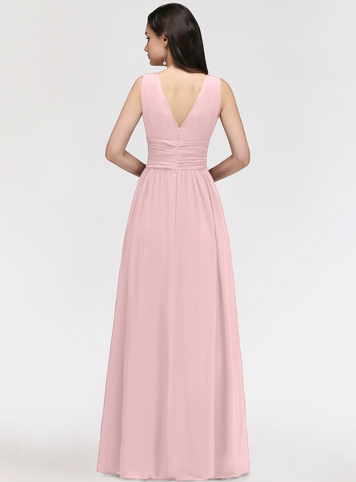 A-line V-Neck Pleated Chiffon Floor-Length Dress Burgundy-koscy