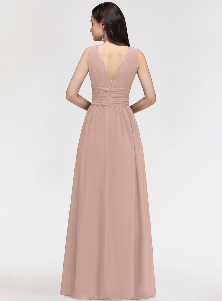 A-line V-Neck Pleated Chiffon Floor-Length Dress Burgundy-koscy