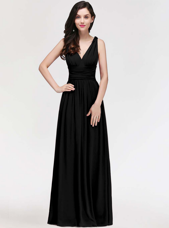 A-line V-Neck Pleated Chiffon Floor-Length Dress Burgundy-koscy