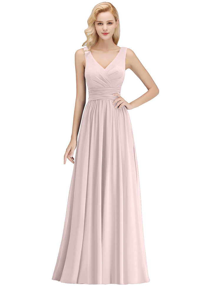 A-line V-Neck Ruched Chiffon Floor-Length Dress-koscy