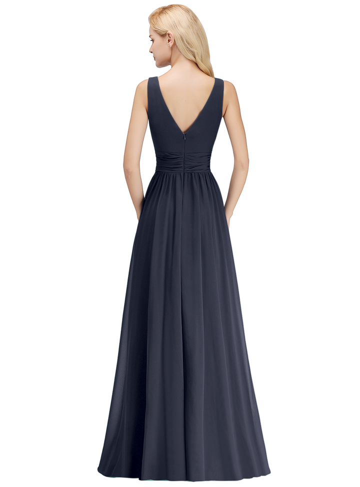 A-line V-Neck Ruched Chiffon Floor-Length Dress-koscy