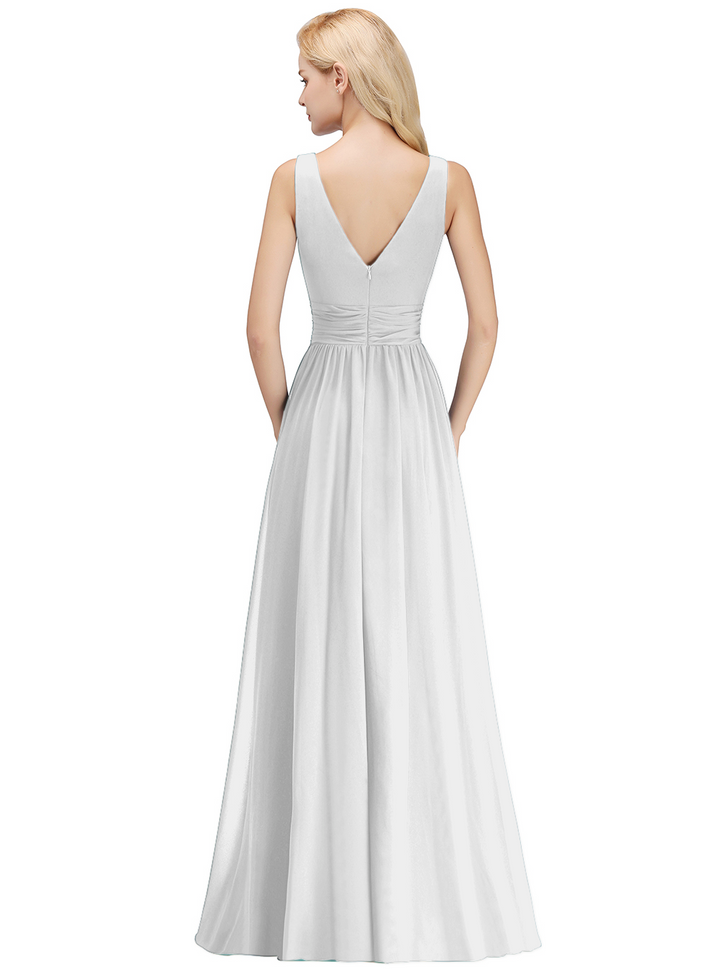 A-line V-Neck Ruched Chiffon Floor-Length Dress-koscy