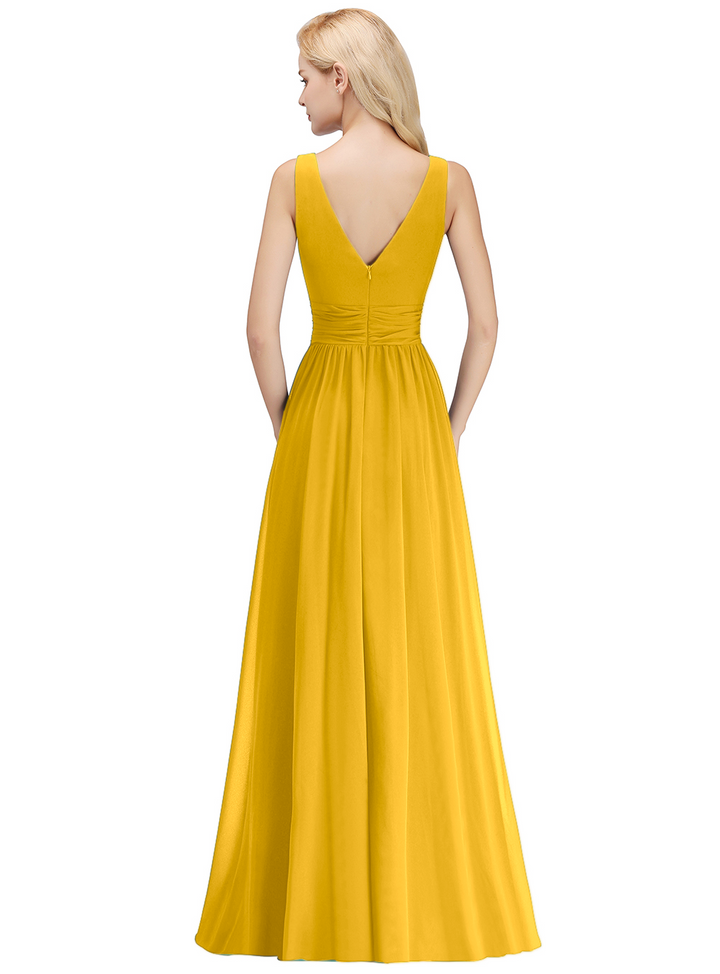 A-line V-Neck Ruched Chiffon Floor-Length Dress-koscy