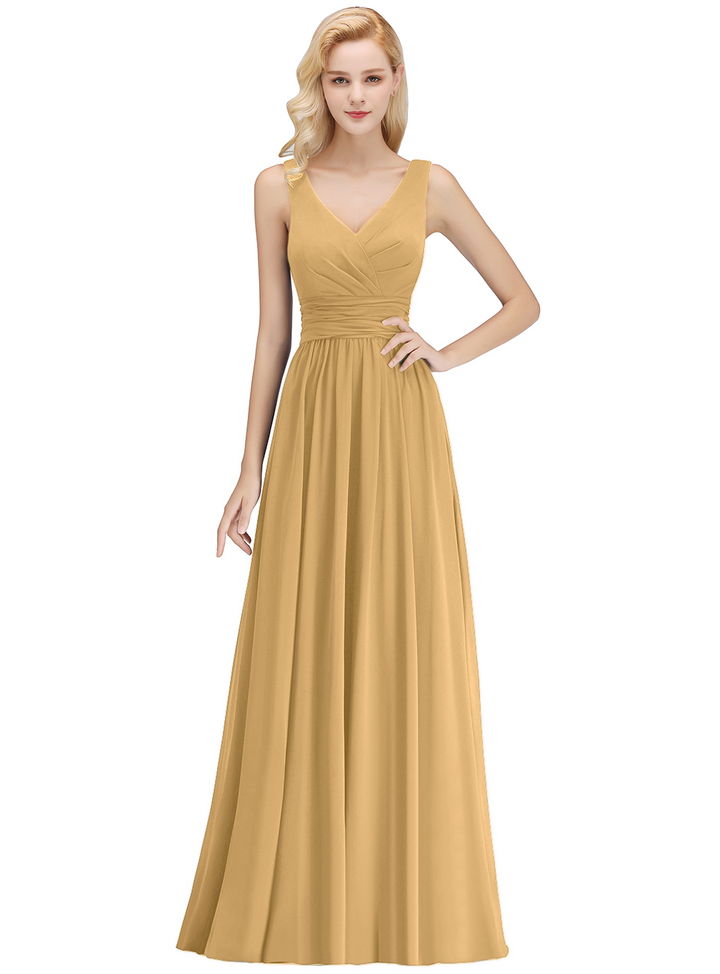 A-line V-Neck Ruched Chiffon Floor-Length Dress-koscy