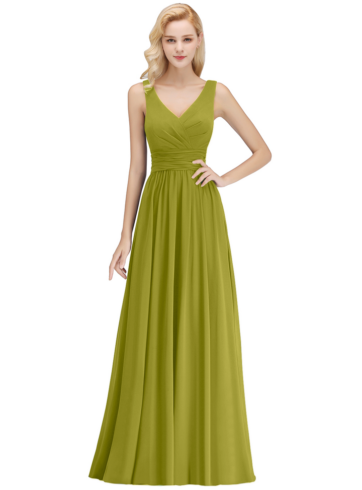 A-line V-Neck Ruched Chiffon Floor-Length Dress-koscy