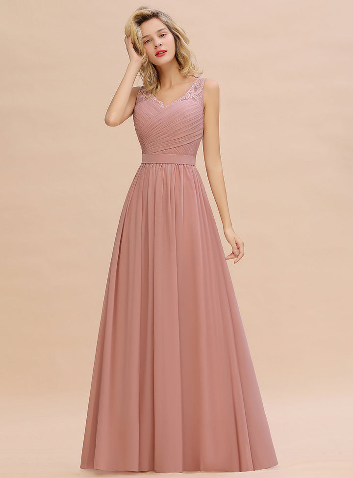 A-line V-Neck Ruched Chiffon Floor-Length Dress-koscy