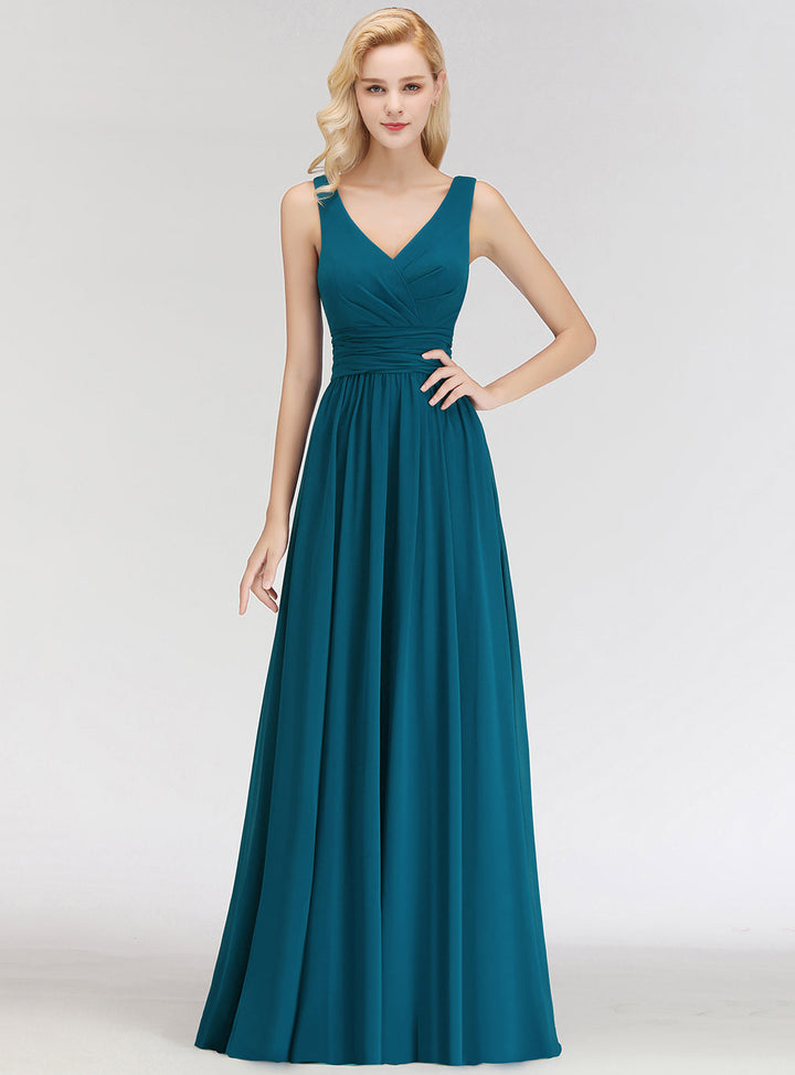 A-line V-Neck Ruched Chiffon Floor-Length Dress-koscy