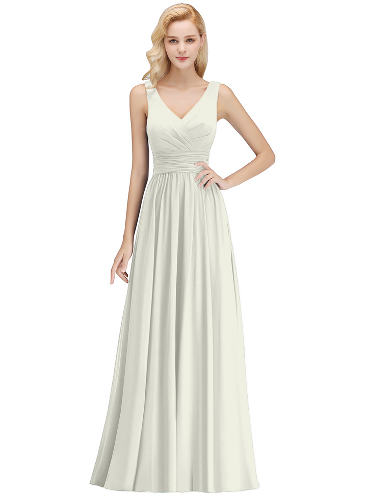 A-line V-Neck Ruched Chiffon Floor-Length Dress-koscy