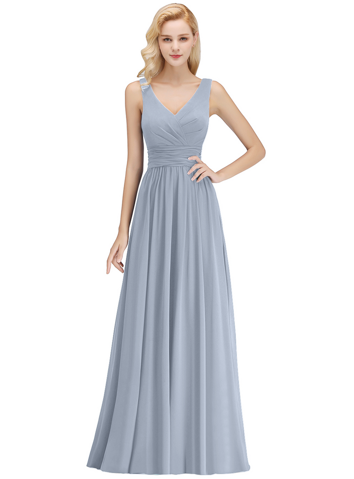 A-line V-Neck Ruched Chiffon Floor-Length Dress-koscy