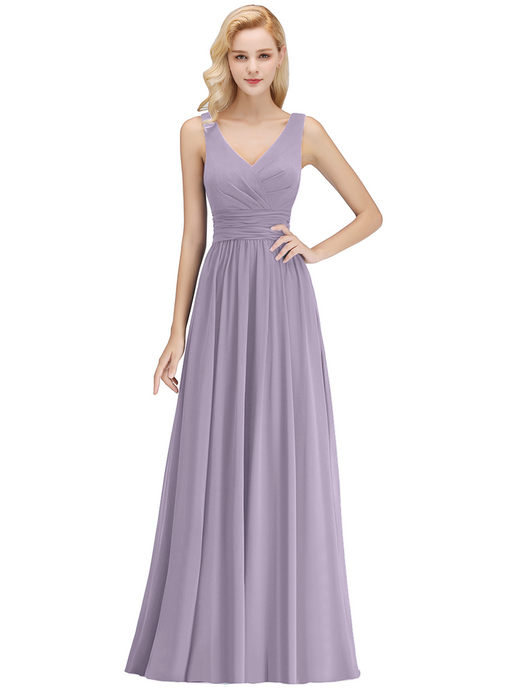 A-line V-Neck Ruched Chiffon Floor-Length Dress-koscy