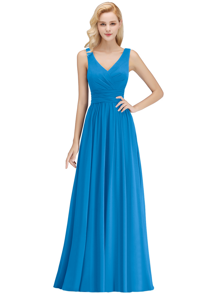 A-line V-Neck Ruched Chiffon Floor-Length Dress-koscy