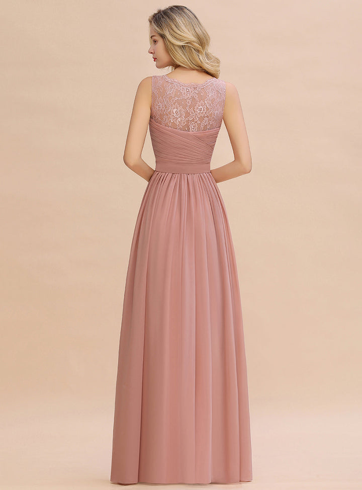 A-line V-Neck Ruched Chiffon Floor-Length Dress-koscy