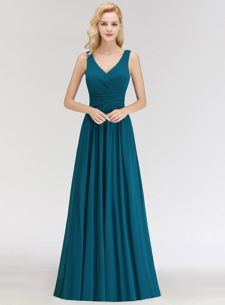 A-line V-Neck Ruched Chiffon Floor-Length Dress-koscy