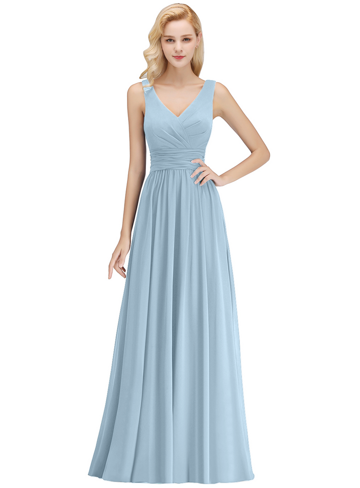 A-line V-Neck Ruched Chiffon Floor-Length Dress-koscy