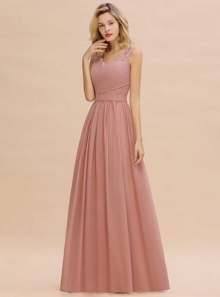 A-line V-Neck Ruched Chiffon Floor-Length Dress-koscy