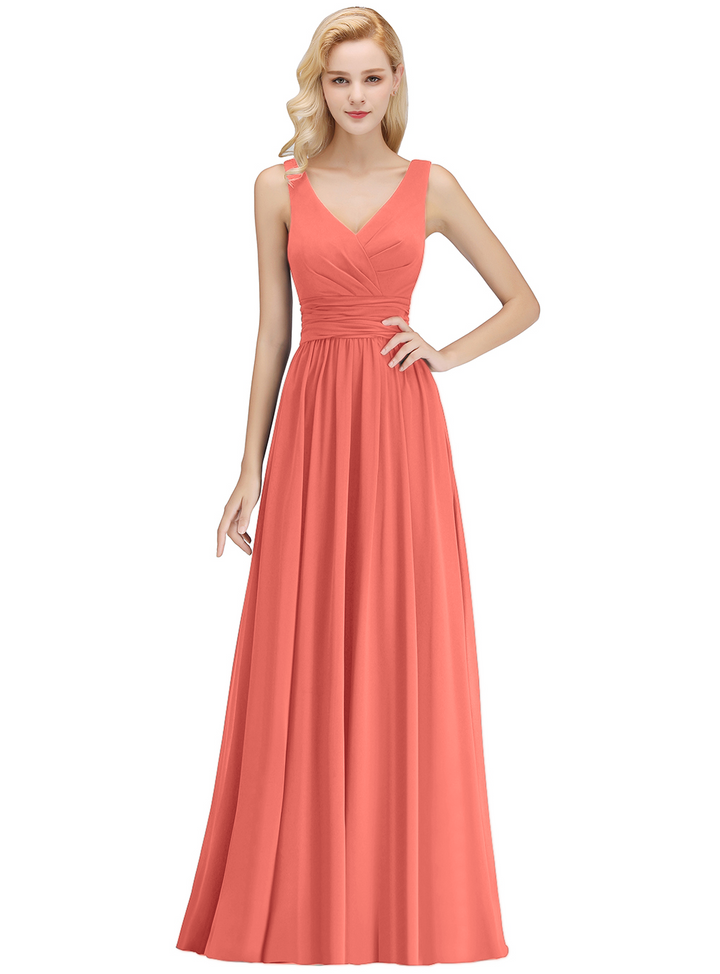 A-line V-Neck Ruched Chiffon Floor-Length Dress-koscy