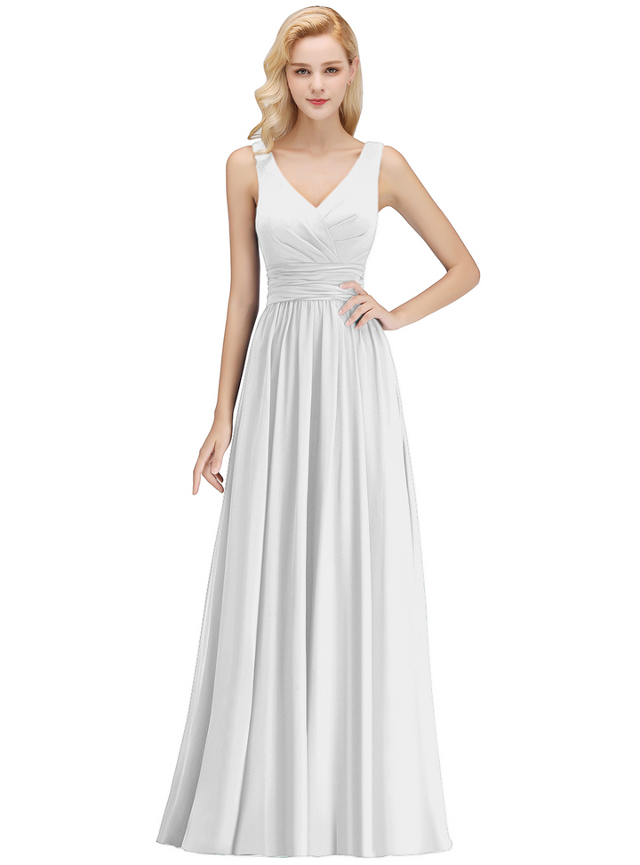 A-line V-Neck Ruched Chiffon Floor-Length Dress-koscy