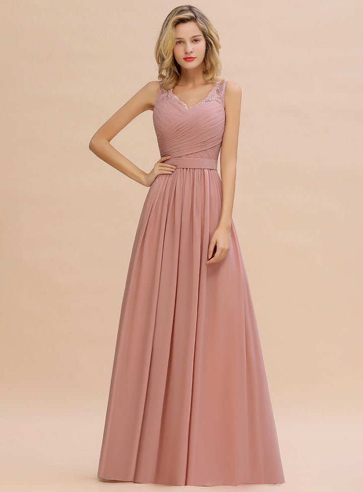 A-line V-Neck Ruched Chiffon Floor-Length Dress-koscy