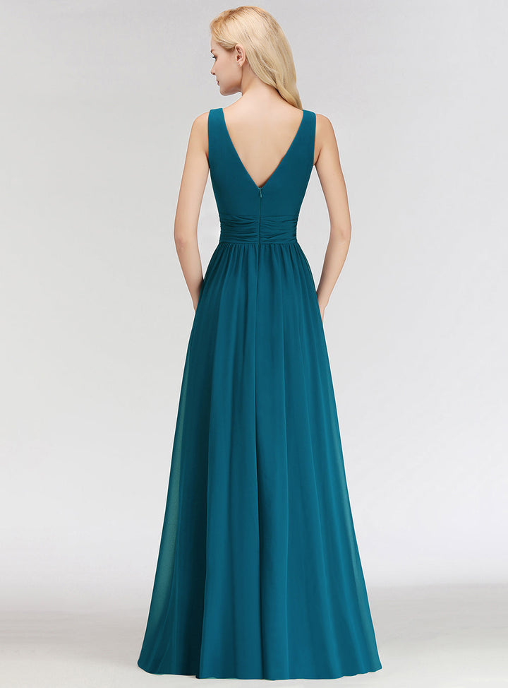 A-line V-Neck Ruched Chiffon Floor-Length Dress-koscy