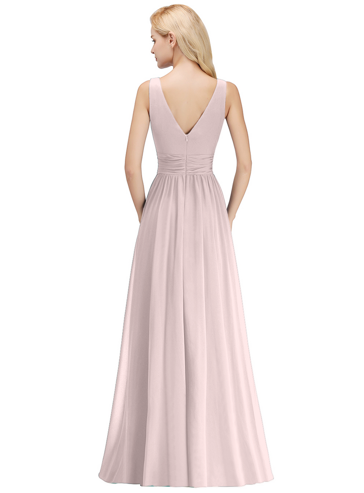 A-line V-Neck Ruched Chiffon Floor-Length Dress-koscy