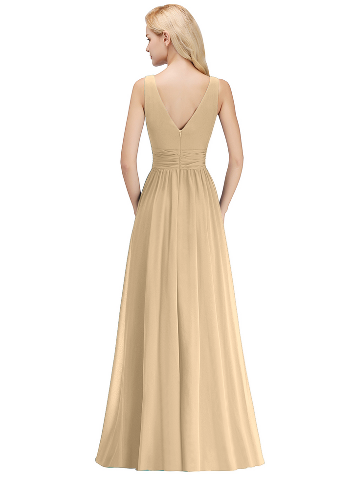 A-line V-Neck Ruched Chiffon Floor-Length Dress-koscy