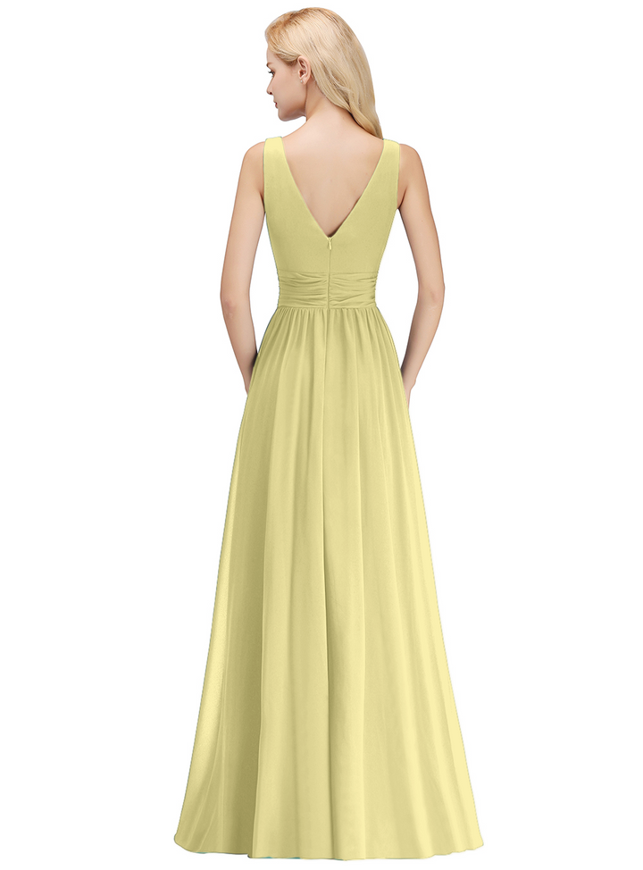 A-line V-Neck Ruched Chiffon Floor-Length Dress-koscy