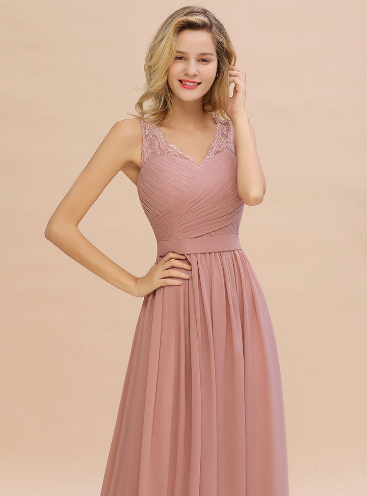 A-line V-Neck Ruched Chiffon Floor-Length Dress-koscy