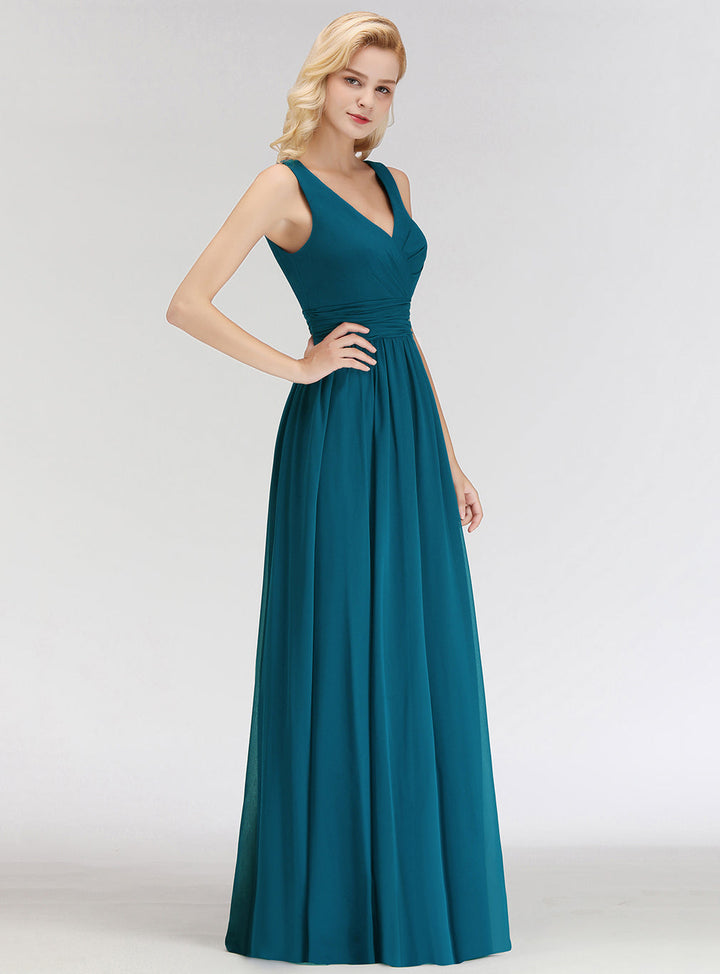 A-line V-Neck Ruched Chiffon Floor-Length Dress-koscy