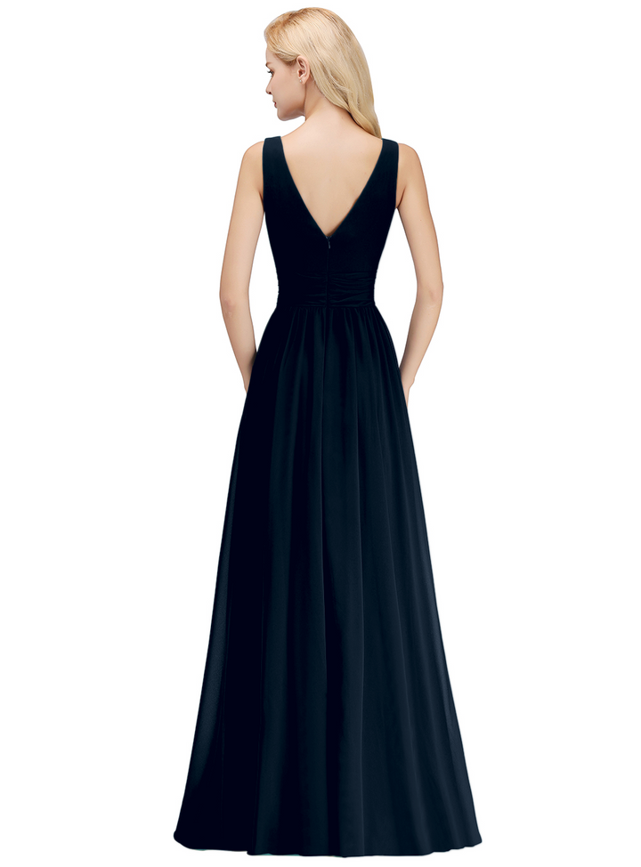 A-line V-Neck Ruched Chiffon Floor-Length Dress-koscy