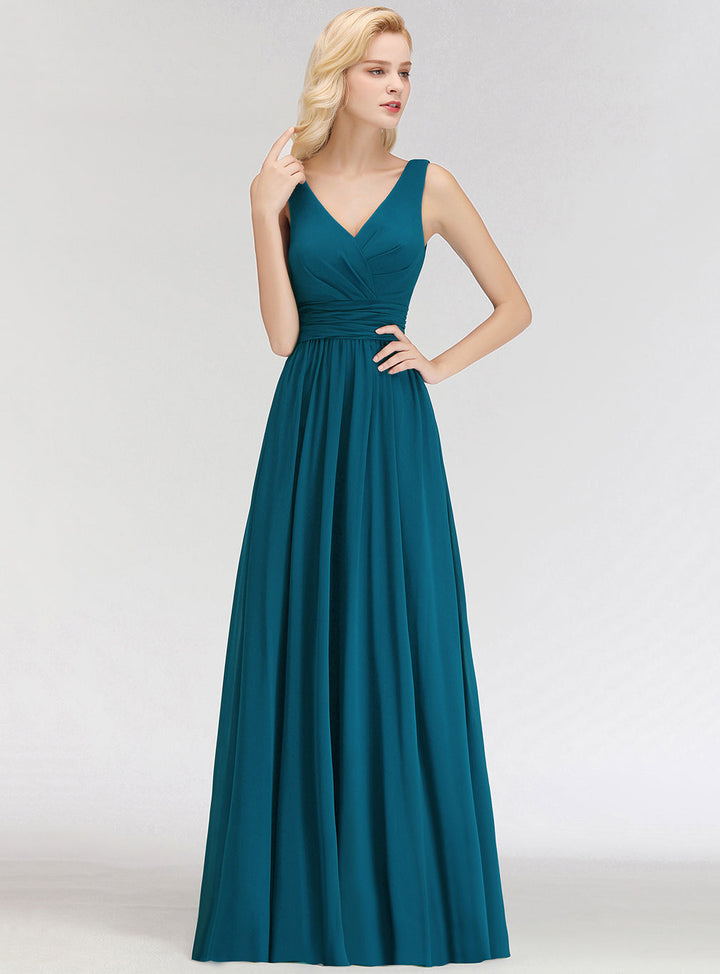 A-line V-Neck Ruched Chiffon Floor-Length Dress-koscy