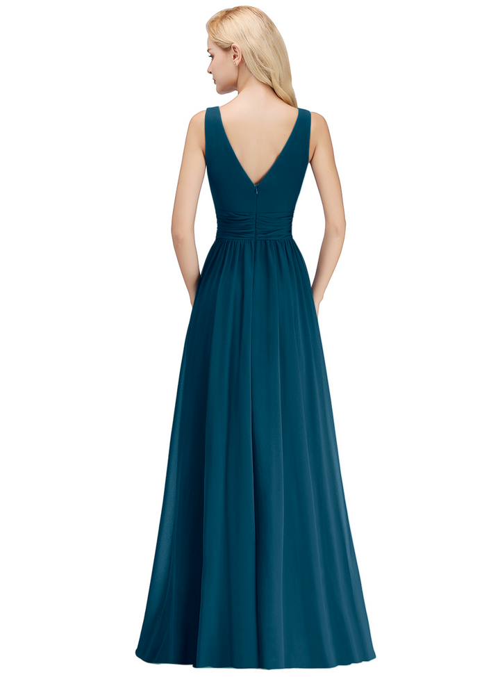 A-line V-Neck Ruched Chiffon Floor-Length Dress-koscy