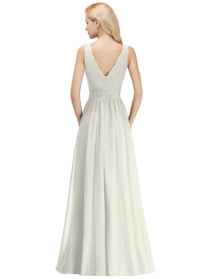 A-line V-Neck Ruched Chiffon Floor-Length Dress-koscy