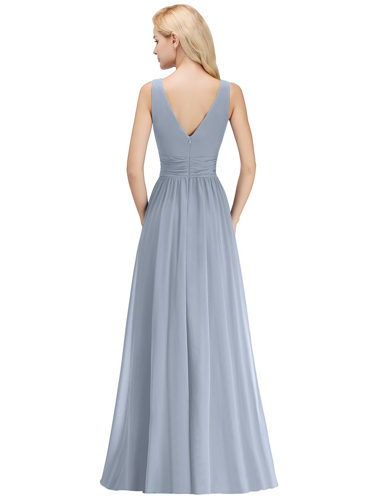 A-line V-Neck Ruched Chiffon Floor-Length Dress-koscy